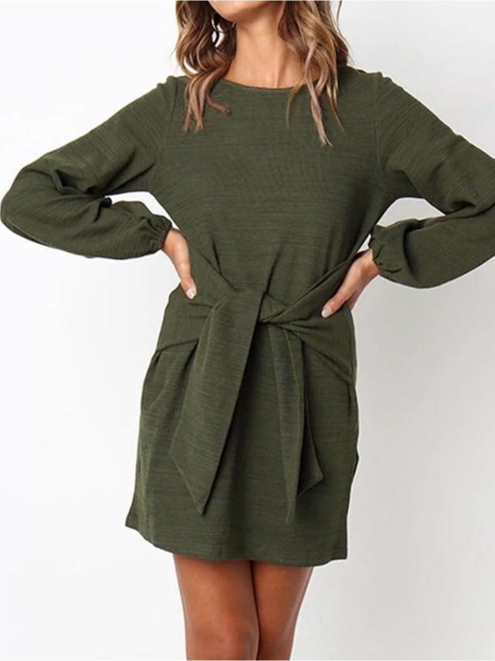 Olive Green Tie-Waist Long Sleeve Dress